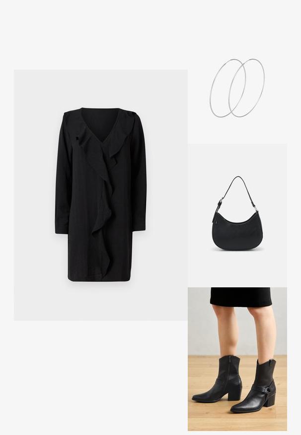 Zwarte jurk met een V-halslijn en een ruches aan de voorkant. Lange mouwen en een loose fit versterken de casual elegantie. Zachte textuur.; Zwarte leren enkellaarzen met een puntige neus, ritssluiting, gebogen hak en een decoratieve band met metalen accenten.; Zwarte hobo tas van soepel leer met een gebogen silhouet, voorzien van een enkele verstelbare schouderriem en minimalistische ontwerpdetails.; Zilveren hoepel oorbellen met een minimalistisch ontwerp. Cirkelvormig, gladde textuur en dun profiel. Lichtgewicht met een gepolijste afwerking.