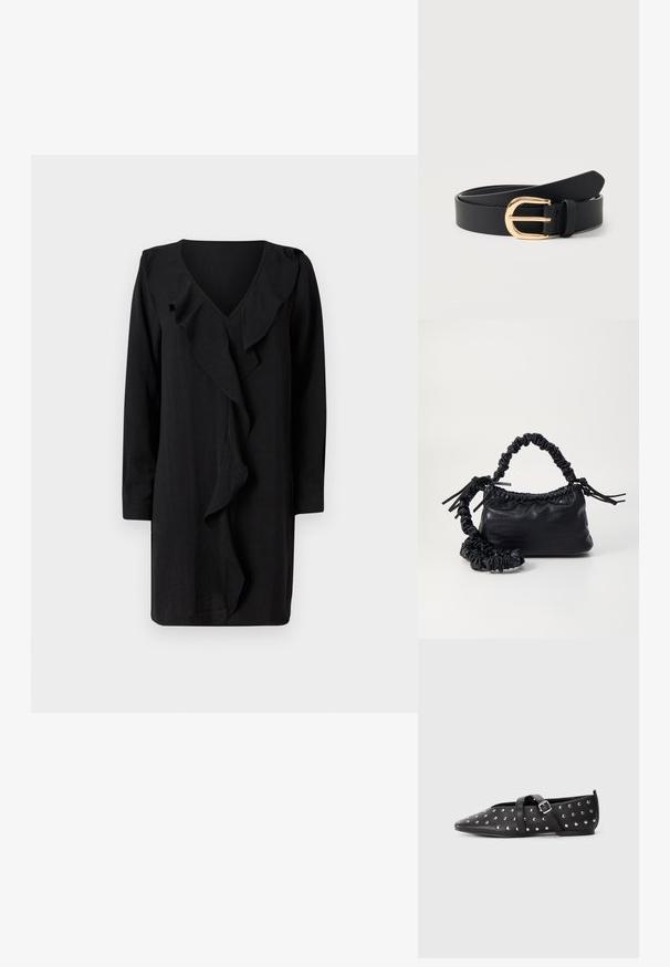 Schwarzes Kleid mit V-Ausschnitt und einem gerafften Frontdetails. Lange Ärmel und eine lässige Passform unterstreichen die elegante Ausstrahlung. Weicher Stoff.; Schwarze spitze flache Schuhe mit silbernen Nieten und verstellbarem Kreuzriemen mit Schnalle, minimalem Absatz, vor hellem einfarbigen Hintergrund.; Schwarze Handtasche aus Kunstleder mit Krokodilstruktur, gerafftem oberen Teil und einem geschoppten Tragegurt. Sie wirkt weich und kompakt im Design.; Schwarzer Ledergürtel, aufgerollt mit einer glänzenden goldfarbenen gewölbten Schnalle und einer Gürtelschlaufe auf schlichtem weißen Hintergrund.