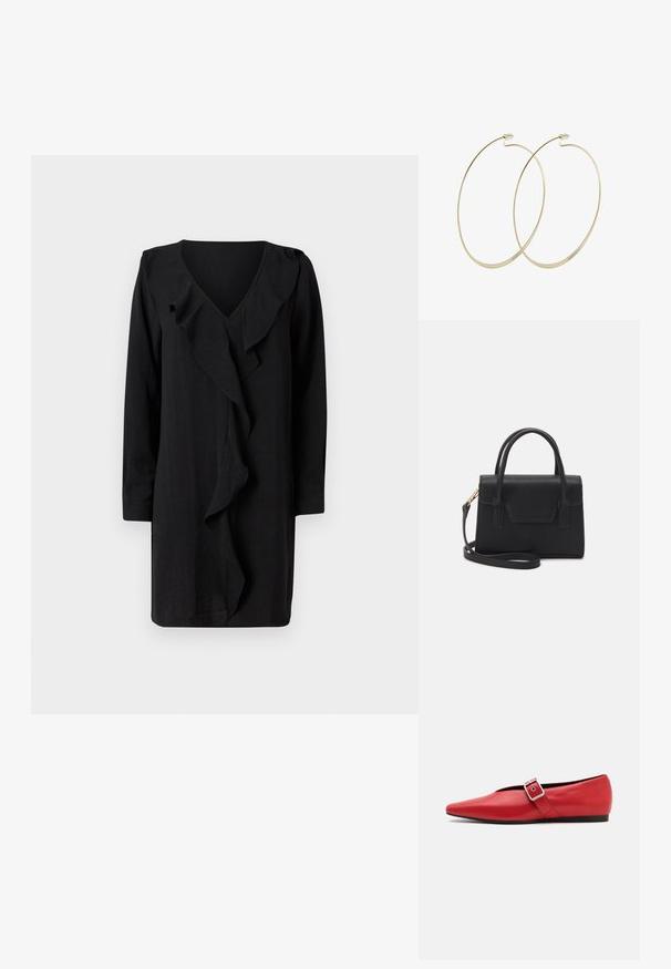 Robe noire avec un décolleté en V et un détail froncé sur le devant. Les manches longues et la coupe ample accentuent son élégance décontractée. Texture douce.; Ballerine en cuir rouge avec une pointe pointue, comportant une lanière sur le côté avec une boucle en métal et un petit talon noir. Texture lisse sur l'ensemble.; Sac à main structuré noir en cuir avec une poignée supérieure, une bandoulière détachable et un détail à rabat à l'avant. Accents en matériel doré.; Pilgrim Boucles d'oreilles - gold-coloured