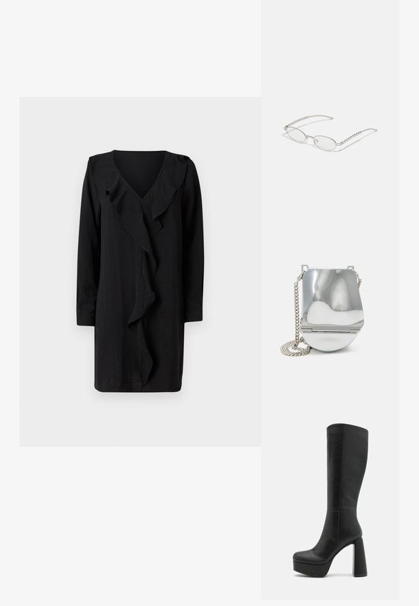 Schwarzes Kleid mit V-Ausschnitt und einem gerafften Frontdetails. Lange Ärmel und eine lässige Passform unterstreichen die elegante Ausstrahlung. Weicher Stoff.; DeeZee High Heel Stiefel - black; Ovale Brillen mit einem metallisch-silbernen Rahmen, klaren Gläsern und strukturierten Perlenakzenten an den Bügeln. Leichtes Design mit gebogenen Bügeln.; Silberne metallische Handtasche mit einer glatten, geschwungenen Oberfläche, ausgestattet mit einem Kettenriemen und einem sicheren Verschluss. Kompakte Form und reflektierende Oberfläche.