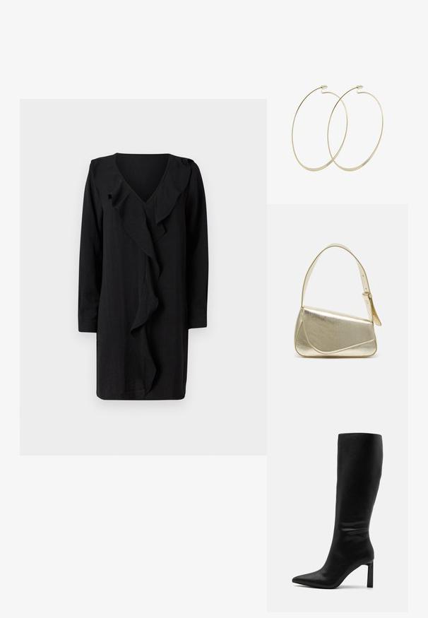 Schwarzes Kleid mit V-Ausschnitt und einem gerafften Frontdetails. Lange Ärmel und eine lässige Passform unterstreichen die elegante Ausstrahlung. Weicher Stoff.; Even&Odd Stiefel - black; Goldfarbene metallische Handtasche mit strukturiertem Design, glatter Textur und verstellbarem Tragegurt. Sie verfügt über eine einzigartige dreieckige Form und minimalistische Nähte.; Pilgrim Ohrringe - gold-coloured