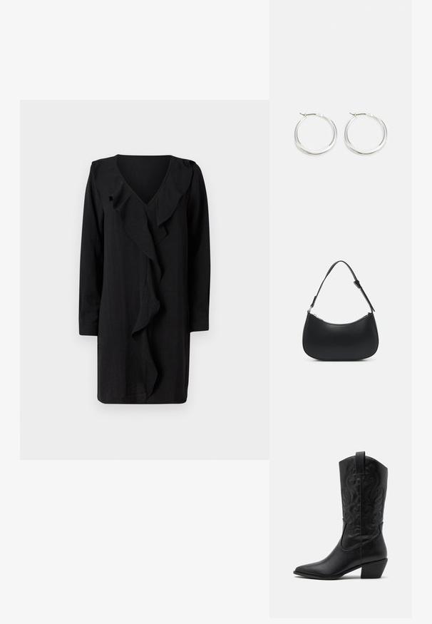 Zwarte jurk met een V-halslijn en een ruches aan de voorkant. Lange mouwen en een loose fit versterken de casual elegantie. Zachte textuur.; Zwarte leren cowboylaars met een spitse neus, gegraveerde draaiende patronen en een halfhoge hak. Voorzien van een trekhaak voor gemakkelijk aan- en uittrekken.; Pieces PCALUANA SHOULDER BAG - Handtas - black; Zilveren hoop oorbellen hebben een glad, rond ontwerp met een dun profiel en een veilige sluiting. Minimalistische stijl met een gepolijste afwerking.