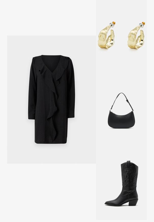Robe noire avec un décolleté en V et un détail froncé sur le devant. Les manches longues et la coupe ample accentuent son élégance décontractée. Texture douce.; Bottes de cowboy en cuir noir avec un bout pointu, des motifs en relief en spirale et un talon de hauteur moyenne. Équipées d'une languette pour un enfilage facile.; Pieces PCALUANA SHOULDER BAG - Sac à main - black; Boucles d'oreilles dorées en forme de mains abstraites, avec une surface brillante, des détails complexes et un fermoir en argent et or pour un maintien sécurisé.