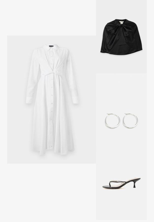 Vestido de camisa blanco de manga larga con cuello, cierre de botones en la parte delantera y diseño de cintura anudada; presenta un corte recto y fluido, y una textura suave.; Sandalia negra de tacón con finas tiras adornadas con brillantes transparentes y un tacón bajo tipo kitten sobre fondo blanco.; Capa negra de satén con detalle de nudo retorcido en el escote, textura suave y etiqueta visible dentro del área del cuello.; Los pendientes de aro de plata presentan un diseño suave y redondeado con un perfil delgado y un cierre seguro. Estilo minimalista con un acabado pulido.