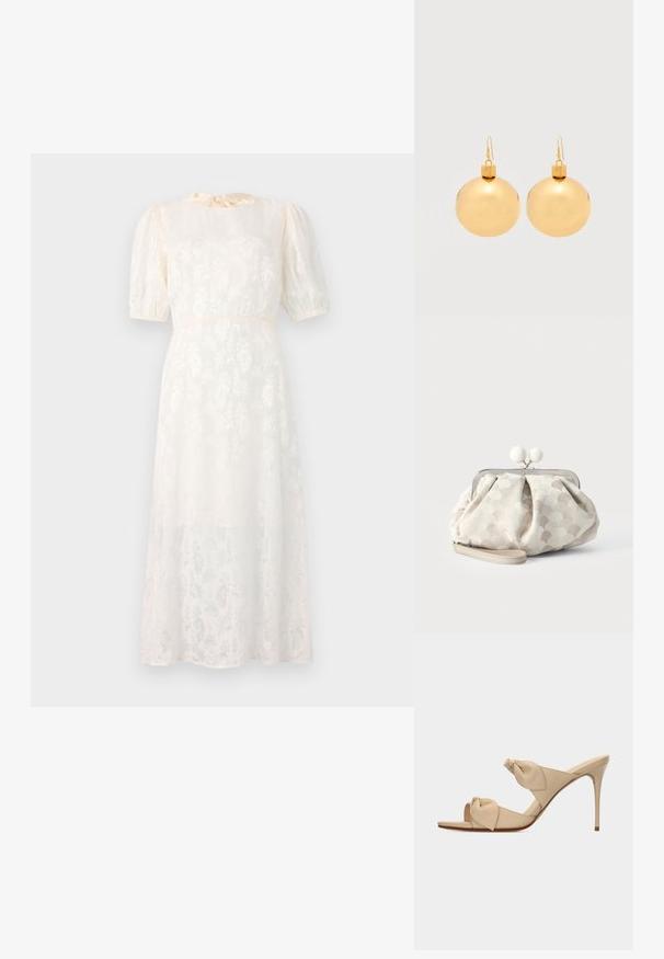Witte jurk met bloemenpatroon, gemaakt van lichte stof, met korte puffmouwen en een gestrikte halslijn, en een vloeiende, knielange Silhouet.; Beige open-toe hoge hak mule sandaal met twee gedraaide knoopbanden en een smalle naaldhak op witte achtergrond.; Kleine beige clutch met gestructureerde stippenstof, zilveren frame, ronde witte gesp en afneembare polsband op een effen achtergrond.; Een paar glanzende gouden kerstbal-oorbellen met haaksluitingen op een effen witte achtergrond.