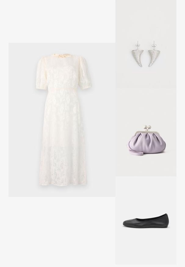 Weißes, blumengemustertes Kleid aus leichtem Stoff, mit kurzen Puffärmeln und einem gebundenen Ausschnitt, in einer fließenden, knielangen Silhouette.; Schwarze Leder-Ballettschuhe mit abgerundeter Spitze, glatter Textur, minimalen Nähdetails und einem flexiblen Sohlen-Design.; Weiche Lavendel-Clutch mit gerafftem Stoff, silbernem Kiss-Lock-Verschluss und passendem Handgelenksriemen auf hellem einfarbigem Hintergrund.; Silberne, hornförmige Ohrringe, besetzt mit kleinen klaren Steinen, mit einem Steckverschluss zur Befestigung. Glatte Textur und metallisches Finish.