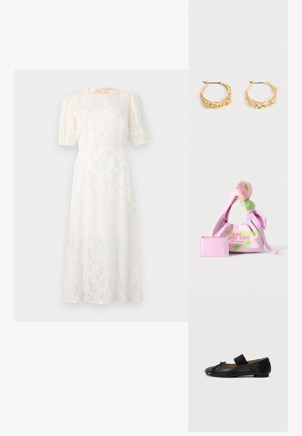 Witte jurk met bloemenpatroon, gemaakt van lichte stof, met korte puffmouwen en een gestrikte halslijn, en een vloeiende, knielange Silhouet.; Zwarte leren balletschoenen met een ronde neus, een klein knoopdetail en een elastische band over de wreef voor een stevige pasvorm. Platte zool.; Zachte roze- en groene tie-dye stoffen handtas met een geknoopte handgreep en een bijpassend klein roze leren etuitje met rits ernaast.; Set gouden creolen met sierlijke bloem- en bladreliëf op een neutrale achtergrond.