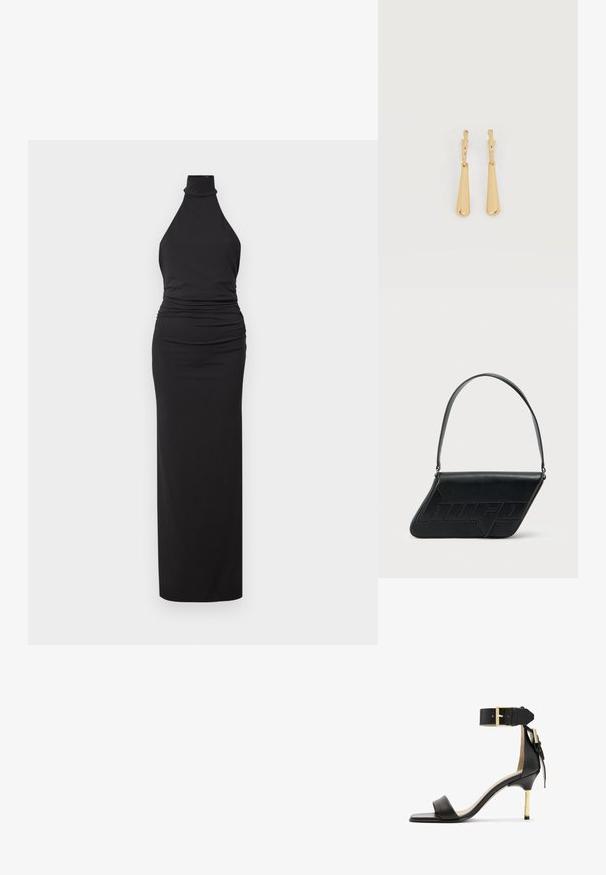 Robe noire à col halter en tissu lisse, au design ajusté avec fronces à la taille et une longue jupe droite.; Sandale à talon en cuir noir avec un bout carré, une bride de cheville dotée d'une boucle en or et un talon métallique fin. Texture lisse, design minimaliste.; Sac d'épaule en cuir noir de forme triangulaire, avec un logo embossé et une seule bandoulière réglable. Design minimaliste avec une texture lisse.; Boucles d'oreilles pendantes en ton or avec des pendentifs lisses en forme de goutte allongée suspendus à de petites attaches en forme d'anneau sur un fond blanc.
