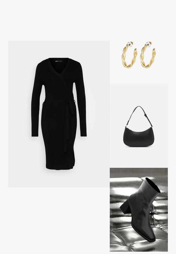 Robe noire côtelée avec un décolleté en V, des manches longues, un design enveloppant et une taille nouée. Elle présente une fente sur le côté pour plus de détail.; Botte noire à la cheville en matériau brillant avec un bout carré et un talon effilé, sur un fond argenté brillant et capitonné.; Pieces PCALUANA SHOULDER BAG - Sac à main - black; Boucles d'oreilles créoles dorées torsadées avec une surface lisse, présentant un dos transparent et une quincaillerie dorée.