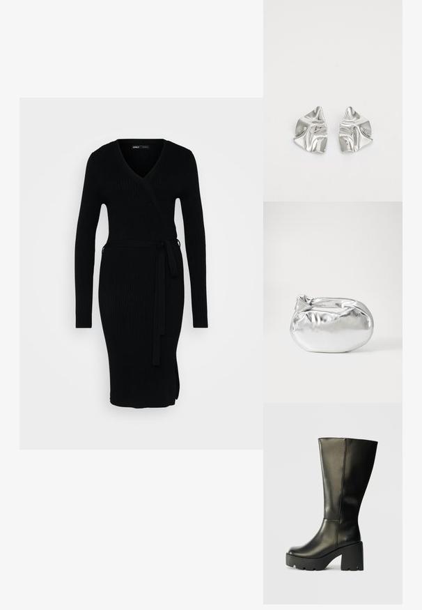 Vestido negro de canalé con escote en V, mangas largas, diseño envolvente y cintura anudada. Presenta una abertura lateral para un detalle adicional.; Bota de cuero negra hasta la rodilla con un tacón de plataforma chunky texturizado negro. Presenta una superficie lisa y un diseño vertical elegante.; Bolsa de pouch metálica plateada con una forma suave y redondeada y un cierre en la parte superior con un nudo. Hecha de un material de imitación de cuero suave.; Pendientes de metal plateado con un diseño ondulado y escultórico, que presentan un acabado pulido y formas irregulares, destacando una estética contemporánea.