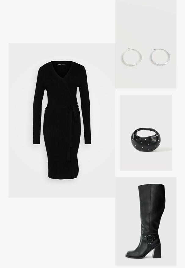 Robe noire côtelée avec un décolleté en V, des manches longues, un design enveloppant et une taille nouée. Elle présente une fente sur le côté pour plus de détail.; Bottes en cuir noires arrivant au genou, avec un bout carré, un large talon et une sangle décorative avec des accents métalliques autour de la cheville. Texture lisse.; Sac à main en cuir noir de forme arrondie, décoré de clous argentés et équipé d'une poignée courte. Texture lisse et fermeture éclair.; Boucles d’oreilles créoles en métal argenté avec une surface lisse légèrement incurvée et des fermoirs à clapet sur un fond blanc uni.