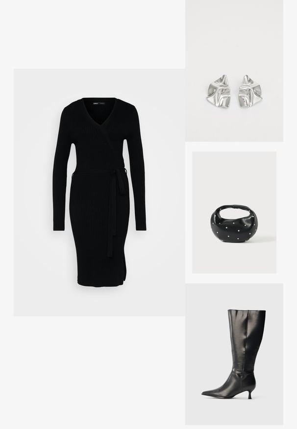 Robe noire côtelée avec un décolleté en V, des manches longues, un design enveloppant et une taille nouée. Elle présente une fente sur le côté pour plus de détail.; Botte en cuir noire montant jusqu'au genou, avec un bout pointu et un petit talon bas, présentée sur un fond clair uni.; Sac à main en cuir noir de forme arrondie, décoré de clous argentés et équipé d'une poignée courte. Texture lisse et fermeture éclair.; Boucles d'oreilles en métal argenté avec un design ondulé et sculptural, présentant une finition polie et des formes irrégulières, mettant en valeur une esthétique contemporaine.