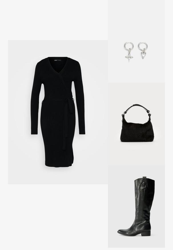 Robe noire côtelée avec un décolleté en V, des manches longues, un design enveloppant et une taille nouée. Elle présente une fente sur le côté pour plus de détail.; Bottes en cuir noir montantes avec une finition lisse, bout pointu, talon bas et bloc, et des coutures décoratives sur les côtés.; Sac à main en fausse fourrure noire avec une texture douce, une forme arrondie et une bandoulière en cuir noir robuste. Accent en métal argenté visible.; Boucles d'oreilles en argent en forme de cerceau avec un charme croix et cœur. Texture lisse et brillante avec une finition polie. Chaque charmepend d'une boucle sécurisée.