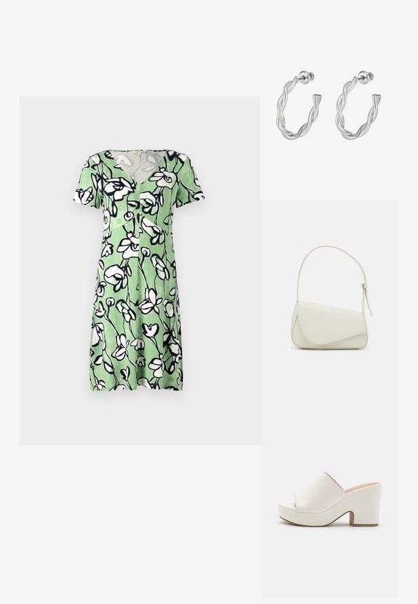 Korte mouwen groene jurk met een wit bloem patroon, met een V-hals en een knopenlijst aan de voorkant. Gemaakt van lichtgewicht, ademende stof.; Witte platform mules met een gladde afwerking, open teen ontwerp en een chunky hak. Kenmerkt zich door een subtiele bovennaad en een contrasterende zool.; Witte nepleren handtas met een gestructureerde driehoekige vorm, een enkele verstelbare schouderriem en een klep met ronde accenten.; Draaierige zilveren hoops met een gladde afwerking en een post-back sluiting, die een modern, verweven ontwerp tonen.
