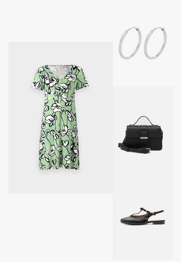 Kortærmet grøn kjole med hvid blomsterprint, der har v-udskæring og knaplukning foran. Fremstillet af let, åndbart stof.; Sort læder flad slingback-sko med T-rem og guldlås på neutral baggrund.; Sort læderhåndtaske med gyldne metalaccenter, rektangulær form, flaplukning, justerbar skulderrem, glat tekstur, minimalistisk design.; Sølv hoops øreringe, cirkulær form, glat skinnende tekstur og ensartet bredde hele vejen igennem. Minimalistisk design uden yderligere accenter.
