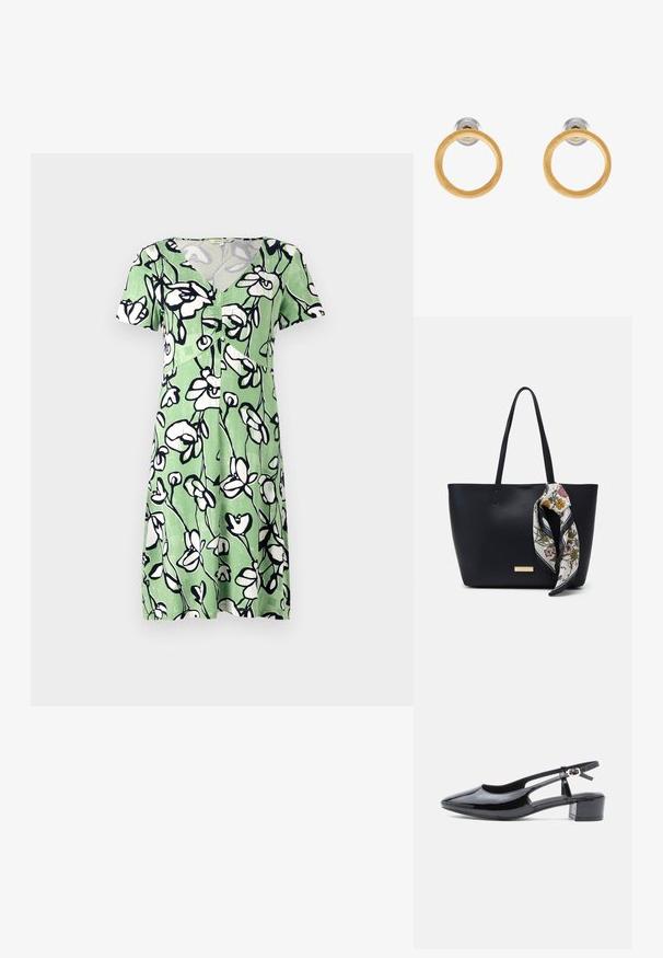 Korte mouwen groene jurk met een wit bloem patroon, met een V-hals en een knopenlijst aan de voorkant. Gemaakt van lichtgewicht, ademende stof.; Zwarte gepatineerde leren slingback schoen met een spitse neus, uitgesneden zijkanten en een lage blokhak. Heeft een enkelband met een gesp.; Zwarte leren tote bag met twee schouderriemen, voorzien van een zijden sjaal met bloemenprint die aan de handgreep is geknoopt en een metallic logo-accent aan de voorkant.; Gouden metalen oorbellen met cirkelvormige houten accenten, met een gladde textuur en een minimalistisch ontwerp. De silhoutte benadrukt eenvoud.