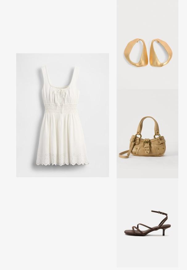 Robe blanche sans manches avec décolleté carré, taille froncée, détail à nouer au niveau de la poitrine et bordure festonnée en œillets.; Sandale marron à talons hauts avec fines lanières croisées et bride de cheville avec boucle argentée sur fond blanc.; Sac à main en cuir beige avec double poignées, boucle en laiton et détails rivetés, ainsi qu'une bandoulière réglable sur fond blanc.; Paire de boucles d’oreilles créoles en or irrégulières et asymétriques avec une finition lisse et mate sur un fond neutre.