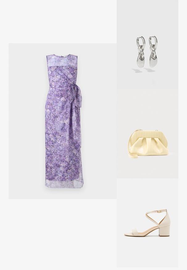 Lilla blomster maxi kjole med ærmeløs design, indpakningsstil, bundet talje og et gennemsigtigt lagdelt tekstur. Let og flydende stof.; Beige blokhælede sandaler med et minimalistisk design, åben tå og justerbar ankelrem med en guldbelsningsdetalje. Glat tekstur.; Clutch-taske i cremefarvet læder med en struktureret topramme og håndledsrem, vist mod en enkel lys baggrund.; Sølvøreringe med forlængede ovale led, der har en poleret overflade og en struktureret dråpevedhæng. Enkel design med glatte kanter.