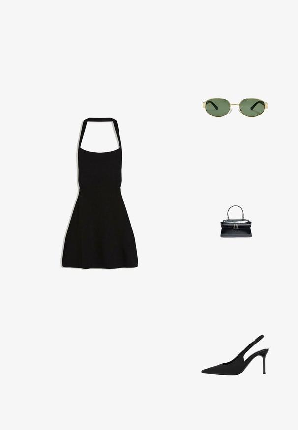 Zwarte mouwloze halternekjurk met aansluitend lijfje en uitlopende rok, plat weergegeven op een witte achtergrond.; Zwarte dames pumps met spitse neus, slingback, hoge dunne stiletto hak en een gladde matte afwerking.; Gouden metalen montuur zonnebril met groene getinte lenzen, ovale vorm, zwarte pootjes en doorzichtige neuspads. Strak, minimalistisch ontwerp.; Zwarte leren handtas met bovenhandvat, krokodillenstructuur en een dubbele ritssluiting in het midden.