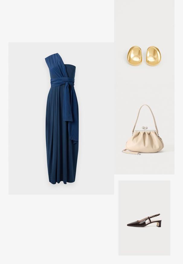 Marineblå, ærmeløs, gulvlængde kjole med en skulderdesign, knyttet taljebånd og flydende stof. Glat tekstur, elegant drapering.; Brun slingback-sko med spids tå, lav blokhæl, krokodillemønster, sideudskæring og justerbar spænderem, vist på hvid baggrund.; Beige blød læderhåndtaske med en sølv metalramme-lukning, enkelt skulderstrop og en valgfri kæderem på en hvid baggrund.; Guldfarvede stud øreringe med en glat, rund form og en reflekterende overflade, der fremhæver et minimalistisk design uden synlige mønstre.