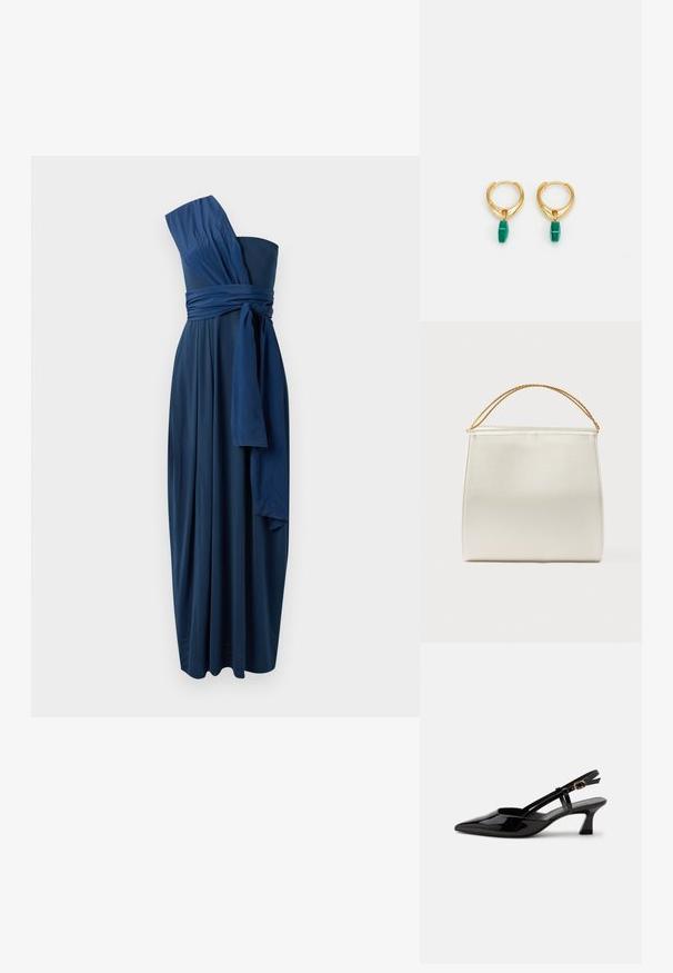 Marineblauwe, mouwloze, vloerlange jurk met een asymmetrisch ontwerp, een strik rond de taille en vloeiende stof. Vlekkeloze textuur, elegante draping.; Zwarte lakleren slingback kitten heel schoen met spitse neus en verstelbare gouden gespsluiting op een witte achtergrond.; Gestructureerde handtas met satijnen afwerking, crèmekleurig, met een schouderriem van ketting. Kenmerkt zich door een vlakke, gladde textuur en nette naden.; Gouden hoepeloorringen met een groene hexagonale bedel die aan elke ring hangt, met een gladde textuur en gepolijste afwerking.
