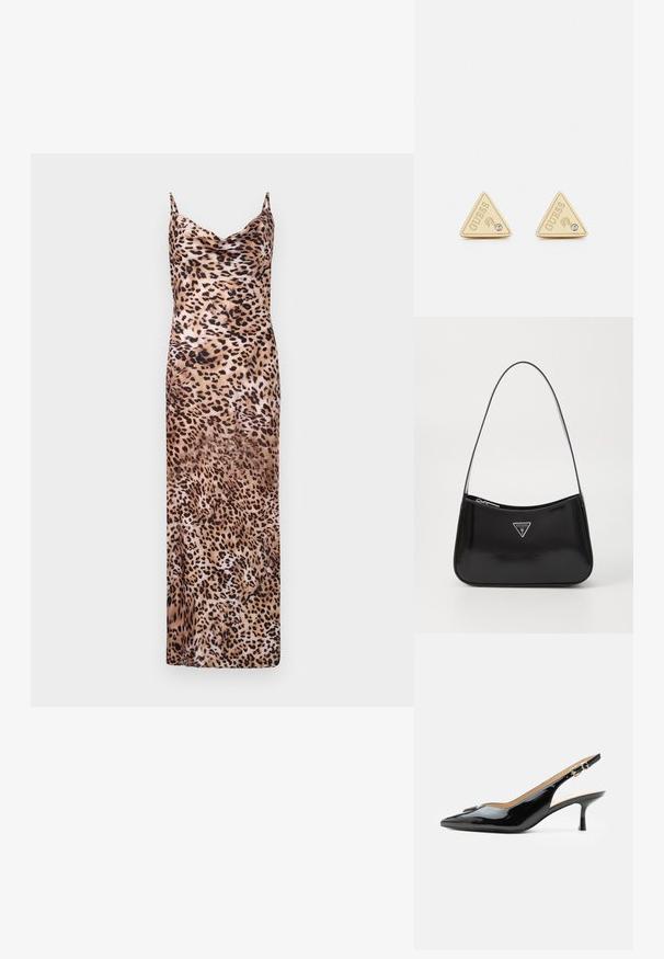 Vestido maxi de estampado de leopardo con escote drapeado, tirantes finos y una textura suave similar a la seda en tonos de marrón y beige.; Tacón slingback de charol negro con puntera puntiaguda, tacón pequeño tipo kitten y correa con hebilla plateada sobre un fondo blanco liso.; Bolso de hombro de charol negro con forma curva, que presenta un logotipo triangular plateado y un cierre de cremallera. Textura suave y correa delgada.; Guess PARTY - Pendientes - gold-coloured