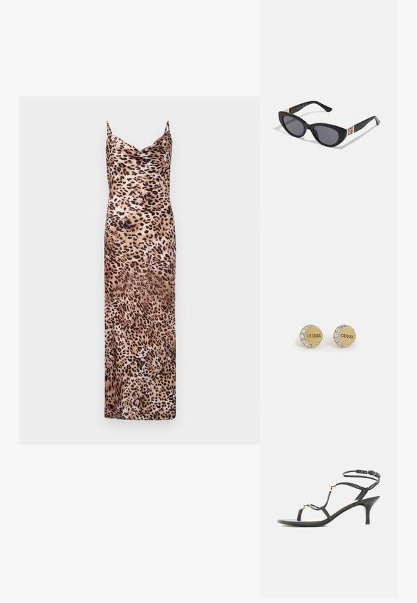 Vestido maxi de estampado de leopardo con escote drapeado, tirantes finos y una textura suave similar a la seda en tonos de marrón y beige.; Sandalia negra con tiras, tacón medio, cuentas doradas de acento y una correa en el tobillo con hebilla sobre fondo blanco.; Guess Gafas de sol - shiny black; Pendientes circulares de oro con el logotipo "GUESS", rodeados de brillantes transparentes, con un acabado metálico liso y bordes texturizados.