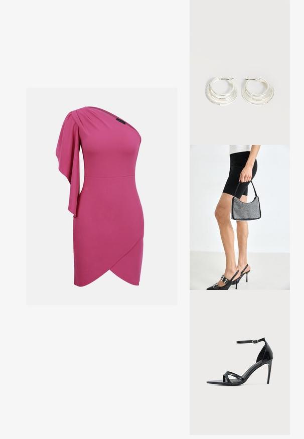 Robe fuchsia rose à une épaule avec manche drapée sur le côté gauche et ourlet asymétrique style portefeuille.; Sandale à talon haut en cuir verni noir avec fine bride à la cheville, bout ouvert et design minimaliste sur fond clair uni.; Sac à main à perles noires avec une silhouette courbée, une poignée de transport et une texture brillante. Porté avec des chaussures à talons hauts noires et un short noir ajusté.; Boucles d'oreilles créoles en argent avec trois bandes semi-circulaires superposées, dont une ornée de petits cristaux clairs sur un fond clair.