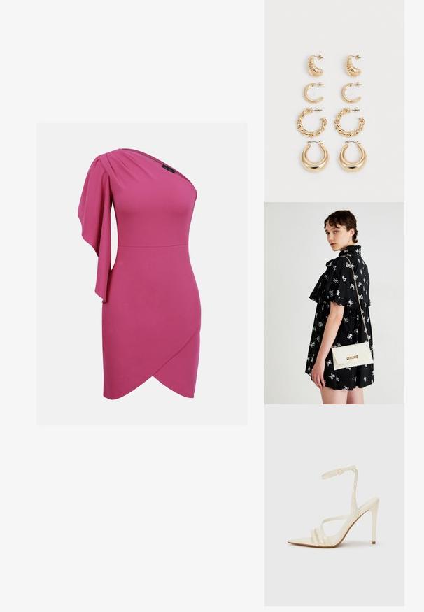 Robe fuchsia rose à une épaule avec manche drapée sur le côté gauche et ourlet asymétrique style portefeuille.; Sandales à talons hauts beiges avec un bout pointu, comportant trois brides à l'avant et une fine bride à la cheville avec une boucle. Texture lisse, design minimaliste.; Robe noire avec des motifs de nœuds blancs, manches courtes, volants aux épaules. Pochette blanche avec chaîne en or et fermoir, tenue dans la main droite.; Ensemble de cinq boucles d'oreilles en or, avec des designs variés : surfaces torsadées, striées et lisses en formes de créoles et de croissants.