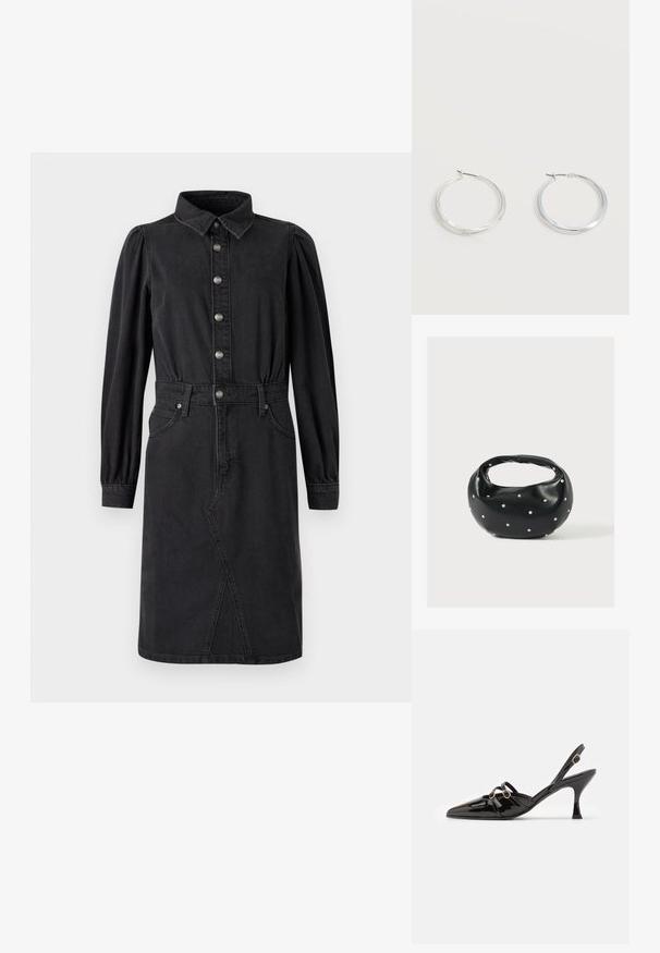 Vestido de mezclilla negra con cierre de botones en la parte delantera, cuello puntiagudo, cintura elástica, mangas largas abullonadas y dos bolsillos laterales.; ALOHAS JOELLE ONIX - Tacones - black; Bolso de mano de cuero negro con forma redondeada, decorado con detalles de tachuelas plateadas y un asa corta. Textura lisa y cierre con cremallera.; Pendientes de aro de metal plateado con superficie lisa y ligeramente curvada y cierre de tipo mosquetón sobre un fondo blanco liso.