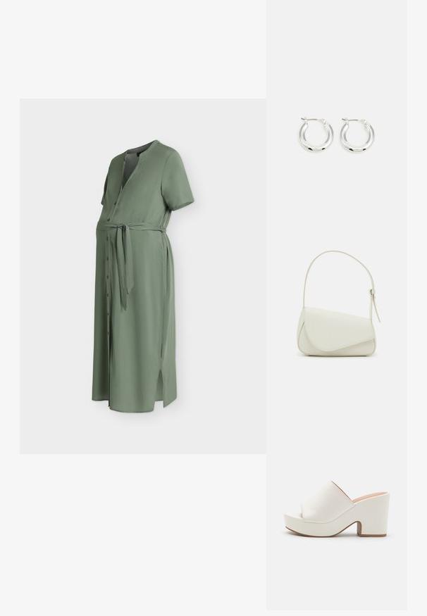 Midi-oliefgroene zwangerschapsjurk met korte mouwen, knopen aan de voorkant, een V-hals, een tailleband en zijslits op een witte achtergrond.; Witte platform mules met een gladde afwerking, open teen ontwerp en een chunky hak. Kenmerkt zich door een subtiele bovennaad en een contrasterende zool.; Witte nepleren handtas met een gestructureerde driehoekige vorm, een enkele verstelbare schouderriem en een klep met ronde accenten.; Zilveren oorbellen in de vorm van een ring met een gepolijste afwerking, met een cirkelvorm en een scharnierende postsluiting. Glad oppervlak met minimale details.