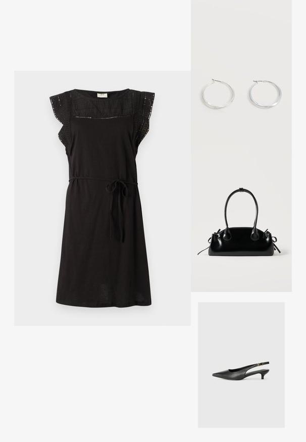 Vestido negro con mangas cortas y acampanadas, de corte relajado. Presenta un cinturón en la cintura y un panel superior texturizado. Fabricado con una tela suave.; Zapato de tacón slingback negro de punta afilada, hecho de cuero suave. Presenta un tacón delgado y un detalle de hebilla en la correa ajustable.; Pequeño bolso negro brillante con dos asas largas y detalles de cordón lateral sobre un fondo claro liso.; Pendientes de aro de metal plateado con superficie lisa y ligeramente curvada y cierre de tipo mosquetón sobre un fondo blanco liso.