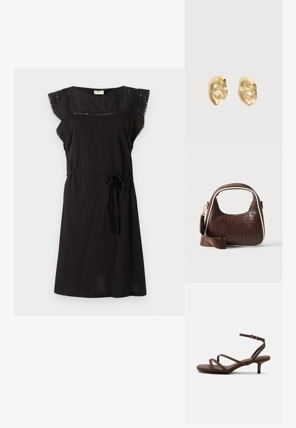 Vestido negro con mangas cortas y acampanadas, de corte relajado. Presenta un cinturón en la cintura y un panel superior texturizado. Fabricado con una tela suave.; Sandalia marrón de tacón alto con tiras finas cruzadas y una correa en el tobillo con una hebilla plateada sobre un fondo blanco.; Bolso de mano de piel trenzada marrón con ribete blanco, cremallera dorada y correa de hombro de tela marrón desmontable.; Par de pendientes de metal dorado brillante, con forma irregular y superficie arrugada y lisa sobre un fondo claro y sencillo.