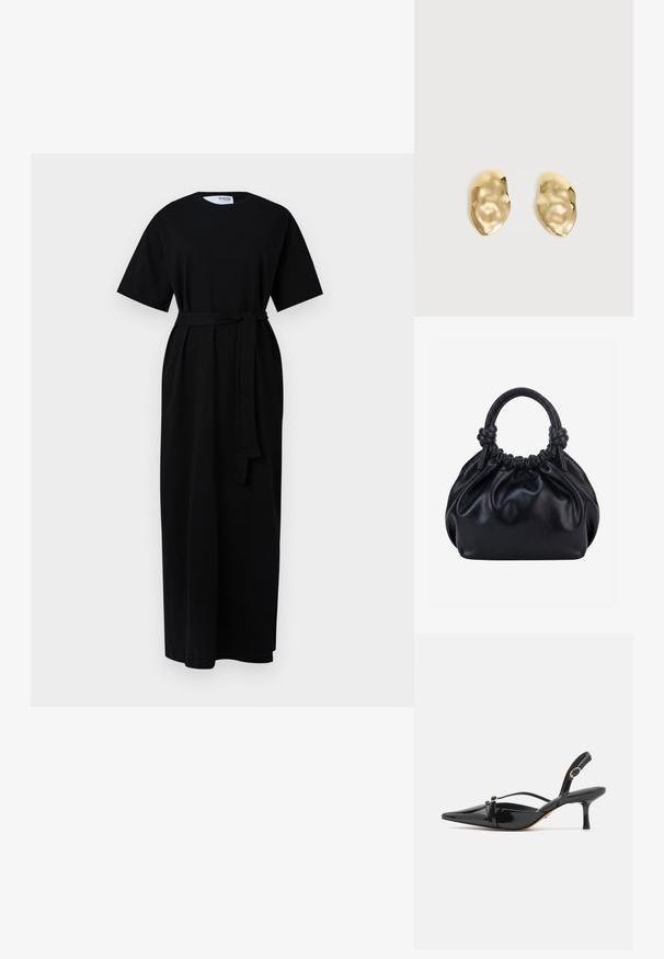 Sort maxi kjole med korte ærmer, rund halsudskæring, taljebælte og sidelommer. Fremstillet af blødt, tekstureret stof.; ALDO MARIETTA PILLOW WALK - Pumps - black; Sort blød læderhåndtaske med samlet top og to tykke håndtag bundet i knuder mod en ensfarvet lys baggrund.; Par skinnende, ujævnt formede øreringe af guldmetal med en krøllet, glat overflade på en ensartet lys baggrund.