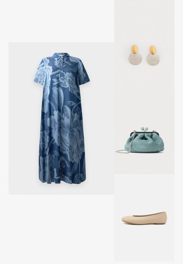 Denimkjole med korte ærmer, blomsterprint i lyseblå, og krave. Har en knaplukning og en løs, svævende pasform.; Beige læder balletflade med afrundet tå, minimal sømdetaljering, lav hæl og subtilt logo på bagsiden. Glat, mat tekstur.; Lille lyseblå vævet clutchtaske med en sølvkæde og rund lukning på toppen.; Guld- og sølvmetalløreringe med en rund skivebund og et ovalt topstykke, glat tekstur og poleret finish.