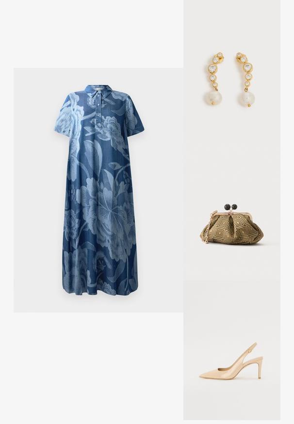 Jeansjurk met korte mouwen, bloemenpatroon in lichtblauw en een kraaghalslijn. Bevat een knoopsluiting en heeft een losse, vloeiende vorm.; Nude gepatineerd leren slingbackhak met een spitse neus, open vamp en een dunne stilettohak. Bevat een ronde gouden accent op de band.; Kleine clutch tas met goud-zwart geometrisch patroon, goudkleurig metalen frame, zwarte bolsluiting en een korte gouden kettingband.; Gouden oorbellen met vier heldere ronde edelstenen in aflopende grootte en elk een enkele hangende witte parel op een witte achtergrond.