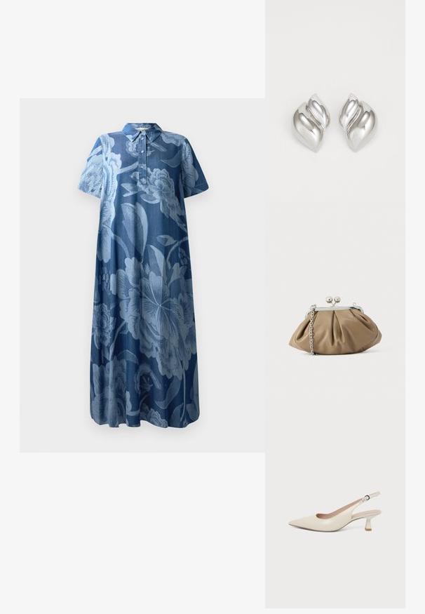 Denimkleid mit kurzen Ärmeln, floralen Muster in Hellblau und Kragen. Verfügt über eine Knopfleiste und eine lockere, fließende Form.; Cremefarbener Slingback-Schuh mit spitzer Spitze, niedrigem Kitten-Heel und verstellbarem Schnallenriemen auf neutralem Hintergrund.; Lederclutch in sanftem Beige mit abgerundeter Form, plissierter Textur, silbernem Kissenschloss und abnehmbarem Kettenriemen.; Silberne Ohrringe mit einer organischen, abstrakten Form. Glatte, glänzende Oberfläche mit einem konischen Design. Mit dezenten Kurven und einem zentralen Linienelement.