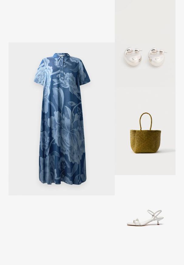 Denimmekko lyhyillä hihoilla, vaaleansininen kukkakuosi ja kauluspääntie. Varustettu napituslistalla ja rentolla, valuvalle muodolle.; Valkoiset remmisandaalit, joissa on matala lohko korko, tasapohja ja säädettävä nilkkahihna. Sileä materiaali yksinkertaisella muotoilulla.; Kudottu olkikassi, jossa pyöristetty pohja ja kaksi lenkkikahvaa, esillä yksiväristä vaaleaa taustaa vasten.; Pari kiiltäviä hopeisia paksuja rengaskorvakoruja, joissa on tikkulukot, valkoisella taustalla.