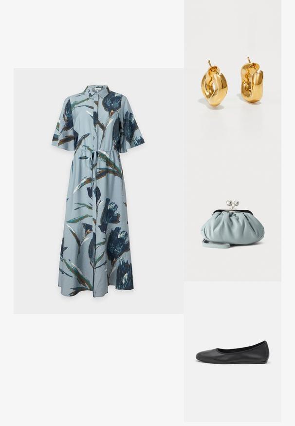 Light blue maxi dress with dark blue and brown floral print, short sleeves, collar, button front, and a tie at the waist.; Black leather ballet flat with a rounded toe, smooth texture, minimal stitching detail, and a flexible sole design.; Small light blue leather coin purse with silver metal kiss-lock clasp and short wrist strap on a plain background.; Chunky gold hoop earrings with a slightly twisted, tubular design and post back closures on a white background.