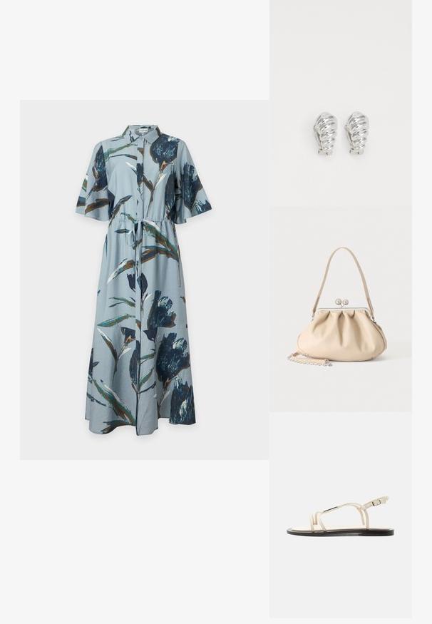 Robe maxi bleu clair avec imprimé floral bleu foncé et marron, manches courtes, col, boutonnière devant et ceinture à nouer à la taille.; Sandale plate beige avec fines brides, accent argenté sur la bride supérieure et boucle réglable sur la bride de cheville, semelle noire.; Sac à main en cuir souple beige avec un fermoir en métal argenté, une bandoulière simple et une bandoulière chaîne optionnelle sur fond blanc.; Boucles d'oreilles en clip argentées avec un design en spirale, présentant une texture métallique lisse et des formes arrondies. Pas d'embellissements ou de motifs visibles.