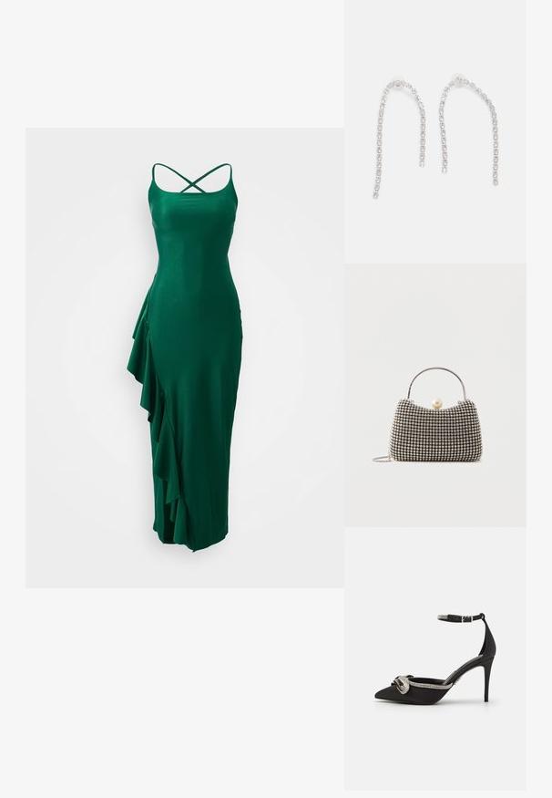 Vestido de satén verde con tirantes spaghetti y un diseño de espalda cruzada, que presenta un detalle de volantes en el lado izquierdo y una silueta ajustada.; Zapato de tacón stiletto negro con punta afilada, con una tira adornada con cristales plateados y un detalle de lazo en la parte frontal. Material liso.; Pequeño bolso de mano con patrón de cuadrícula plateada, asa curva, gran cierre de perla y una delgada correa de cadena plateada sobre un fondo liso.; Pendientes de plata con cadenas colgantes, adornados con múltiples piedras preciosas transparentes dispuestas en un patrón lineal, que ofrecen un efecto deslumbrante.