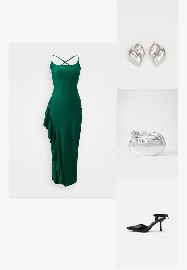 Vestido de satén verde con tirantes spaghetti y un diseño de espalda cruzada, que presenta un detalle de volantes en el lado izquierdo y una silueta ajustada.; Zapato de tacón alto de cuero charol negro con punta puntiaguda y correa en el tobillo atada en un nudo en la parte trasera, mostrado sobre un fondo blanco liso.; Bolsa de pouch metálica plateada con una forma suave y redondeada y un cierre en la parte superior con un nudo. Hecha de un material de imitación de cuero suave.; Pendientes de plata con una forma orgánica y abstracta. Superficie lisa y brillante con un diseño cónico. Presentan suaves curvas y un detalle de línea central.