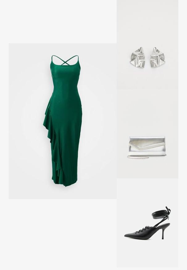 Vestido de satén verde con tirantes spaghetti y un diseño de espalda cruzada, que presenta un detalle de volantes en el lado izquierdo y una silueta ajustada.; Zapato de tacón alto negro con punta puntiaguda, con cordones en la parte delantera y correas que rodean el tobillo atadas con un lazo, mostrado de lado sobre un fondo blanco.; Bolso clutch plateado brillante con solapa de estilo sobre y adorno decorativo, pequeña correa de cadena plateada, sobre fondo liso claro.; Pendientes de metal plateado con un diseño ondulado y escultórico, que presentan un acabado pulido y formas irregulares, destacando una estética contemporánea.