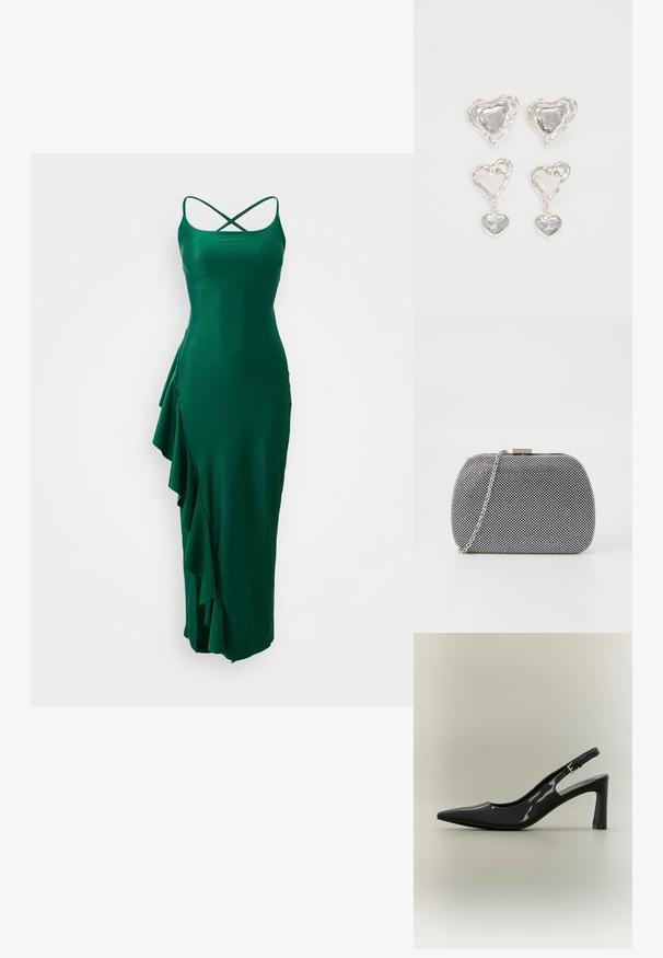 Robe en satin verte avec des bretelles spaghetti et un dos croisé, présentant un détail froncé sur le côté gauche et une silhouette ajustée.; Escarpin slingback en cuir verni noir, bout pointu, talon bloc de hauteur moyenne et bride ajustable avec boucle.; Pochette texturée noir et blanc de forme arrondie, avec une chaîne en métal argenté et un fermoir en métal en haut.; Des boucles d'oreilles en argent en forme de cœur présentent des pierres claires facettées, avec un cadre texturé. L'ensemble comprend des styles à clou et des styles pendants.