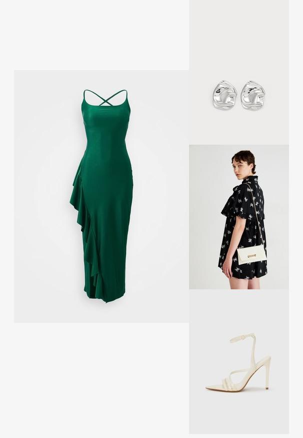Grünes Satin-Kleid mit Spaghetti-Trägern und einem gekreuzten Rücken, das auf der linken Seite mit einem Rüschendetail und einer enganliegenden Silhouette versehen ist.; Beige Sandaletten mit hohem Absatz und spitzer Schuhspitze, ausgestattet mit drei vorderen Riemen und einem dünnen Knöchelriemen mit Schnalle. Glatte Textur, minimalistisches Design.; Schwarzes Kleid mit weißen Schleifenmustern, kurze Ärmel, Rüschen an den Schultern. Weiße Clutch mit goldener Kette und Verschluss, in der rechten Hand gehalten.; Silberne, abstrakt geformte Ohrstecker mit polierter Oberfläche, die durch sanfte Kurven und subtile Konturen bestechen. Keine sichtbaren Muster oder Akzente.