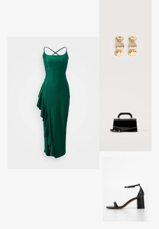 Vestido de satén verde con tirantes spaghetti y un diseño de espalda cruzada, que presenta un detalle de volantes en el lado izquierdo y una silueta ajustada.; Sandalia negra de tacón alto con tacón bloque, puntera abierta y correa en el tobillo. Material de cuero suave y diseño minimalista sin adornos.; Bolso rectangular negro brillante con asa superior, herrajes dorados y correa desmontable, colocado sobre un fondo claro y sencillo.; Pendientes colgantes en tono dorado con tres segmentos irregulares, lisos y redondeados apilados verticalmente sobre un fondo claro y liso.