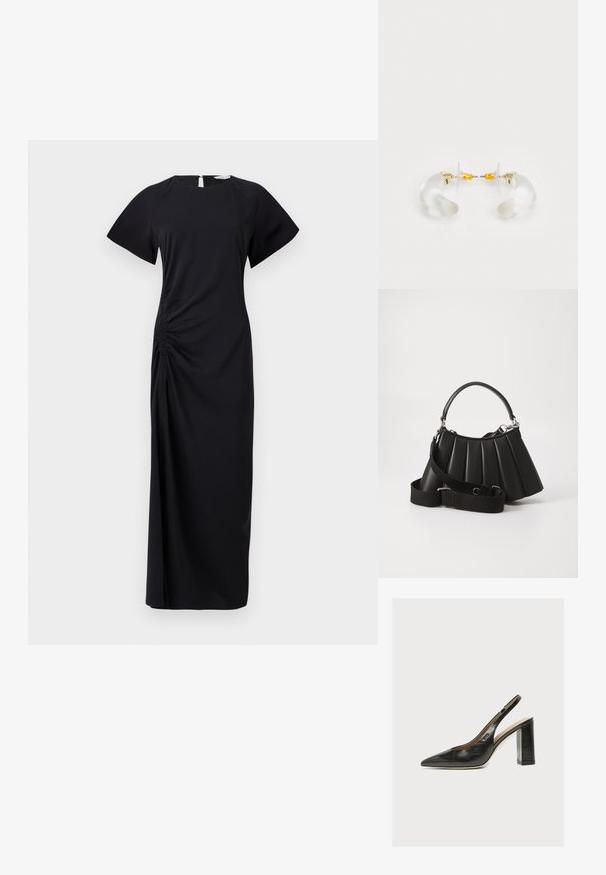 Schwarzes, langes Kleid mit kurzen Ärmeln, seitlichem Raffen und einem Schlüssel-Loch-Ausschnitt im Rücken. Hergestellt aus weichem Stoff mit einer glatten Textur.; Schwarzer Leder-Damenslingback-Pumps mit spitzer Zehenpartie und dickem hohem Blockabsatz auf weißem Hintergrund.; Schwarze, gefaltete Handtasche mit einem runden Griff, verstellbarem Schulterriemen und glänzender Textur. Verfügt über silberne Hardware und eine strukturierte Silhouette.; Klare Acryl-Ohrringe in Hoop-Form mit goldenen Akzenten, die ein geschwungenes Design und einen transparenten Verschluss aufweisen. Glatte Textur, minimalistischer Stil.