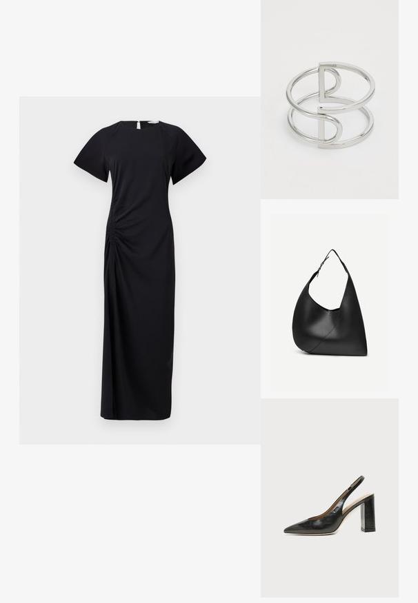 Schwarzes, langes Kleid mit kurzen Ärmeln, seitlichem Raffen und einem Schlüssel-Loch-Ausschnitt im Rücken. Hergestellt aus weichem Stoff mit einer glatten Textur.; Schwarzer Leder-Slingback-Schuh mit spitzer Kappe, hohem Blockabsatz und beigegefüttertem Innenraum vor hellem, einfarbigem Hintergrund.; Schwarze Leder-Schultertasche mit geschwungener dreieckiger Form, einem verstellbaren Einzelriemen und sichtbarer diagonaler Naht auf der Vorderseite.; Silberner Metallarmreif mit einem Doppel-Schleifen-Design, glatter, glänzender Oberfläche und einem minimalistischen geometrischen Akzent.
