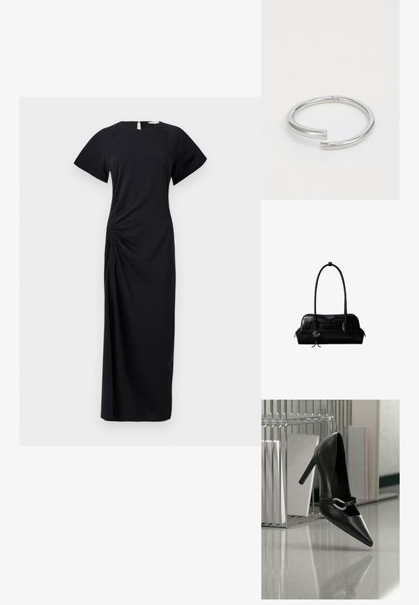 Vestido negro, largo, con mangas cortas, fruncido lateral y apertura en forma de llave en la parte posterior. Confeccionado en una tela suave con una textura lisa.; Zapato de tacón alto negro con puntera y correa con hebilla plateada, colocado sobre una superficie reflectante cerca de un organizador de archivos metálico que sostiene papeles.; Bolso de hombro negro de cuero con textura de cocodrilo, con correas largas y un pequeño colgante de logo plateado en una correa.; Calvin Klein SPIRAL - Pulsera - silver-coloured