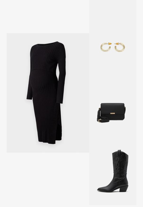 Robe de maternité noire à côtes, à manches longues, avec encolure ronde et fentes latérales. Elle présente une silhouette ajustée qui s'adapte à un ventre en croissance.; Bottes de cowboy en cuir noir avec un bout pointu, des motifs en relief en spirale et un talon de hauteur moyenne. Équipées d'une languette pour un enfilage facile.; Sac en cuir noir avec un rabat, accents en matériel doré, sangle réglable et surface texturée. Forme rectangulaire compacte.; Boucles d'oreilles en métal doré en forme d'anneau, avec une finition lisse et arrondie. Elles possèdent des accents orange à l'arrière pour un maintien sécurisé.